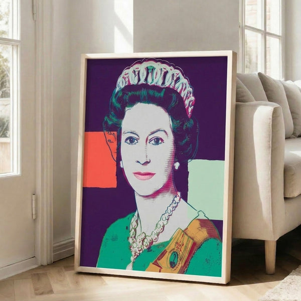 Queen Elizabeth II depicted in striking purple tones as a modern pop art print, exemplifying the Reigning Queens series aesthetic.