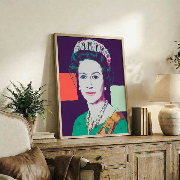 Vibrant purple portrait of Queen Elizabeth II in pop art style, presented as a framed wall print celebrating royal iconography.