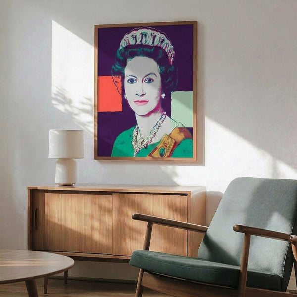 Pop art interpretation of Queen Elizabeth II rendered in purple hues, displayed as a contemporary art print on a wall.