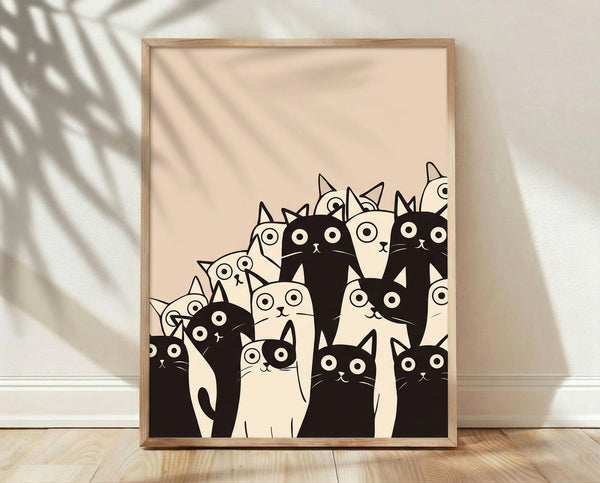 Minimalist line art print of a playful crowd of black and white cats in various poses, rendered in simple strokes against a cream background.