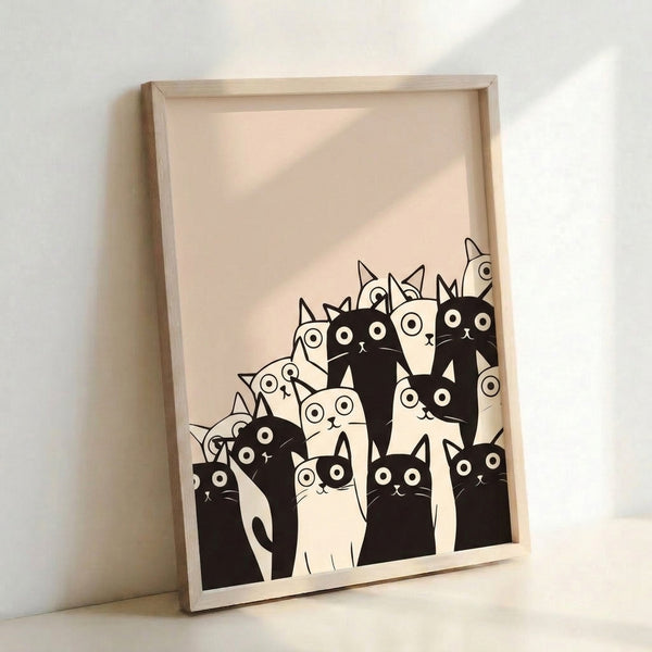 Japandi-inspired line art print of multiple cats in a cheerful gathering, monochrome with cream tones and bold black outlines, creating a playful composition.