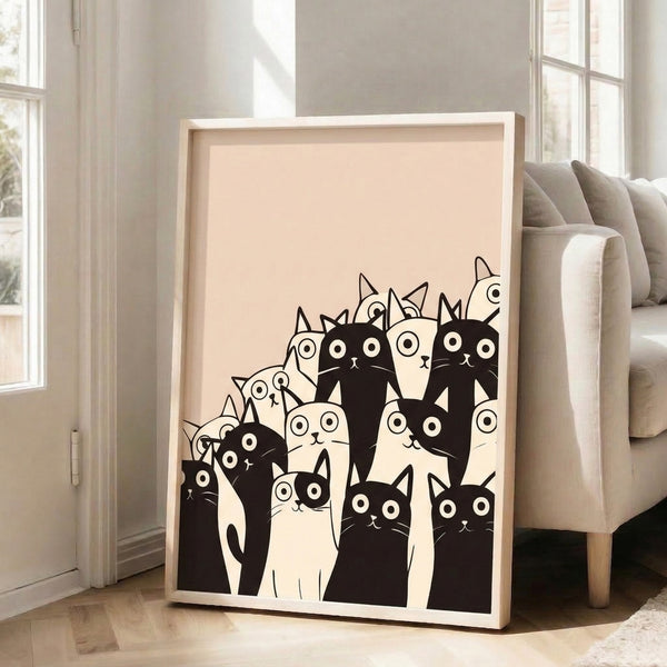 Modern minimalist poster showcasing a whimsical collection of black and white feline characters in simple line art style on a light neutral background.