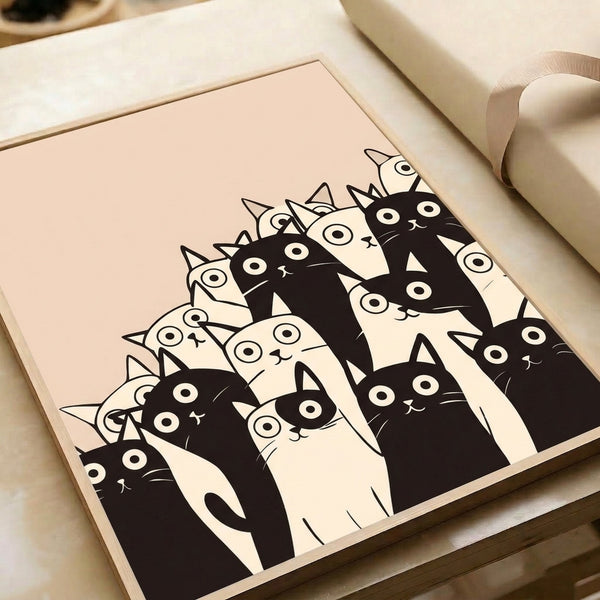 Framed minimalist cat poster featuring whimsical feline figures in black linework, arranged as a quirky gathering on a neutral tan and cream canvas.