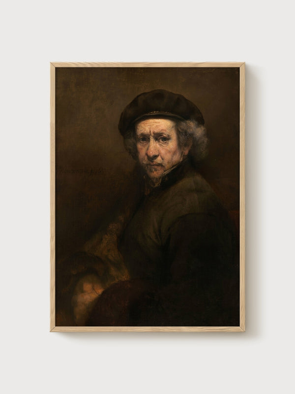 Rembrandt Self-Portrait with Beret Print poster in oak frame