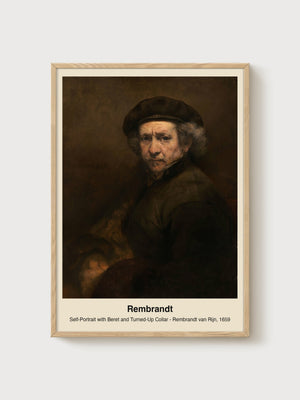 Rembrandt Self-Portrait with Beret Print poster in oak frame