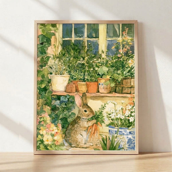Watercolor cottagecore poster featuring a whimsical rabbit surrounded by garden flowers, potted plants, and fresh carrots in soft cream, green, and terracotta tones, framed on a wall.