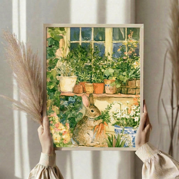 Cozy watercolor art print of a rabbit in a cottage garden scene with blooming flowers and vegetables in peaceful, muted palette of dusty blue, pale yellow, and soft greens.