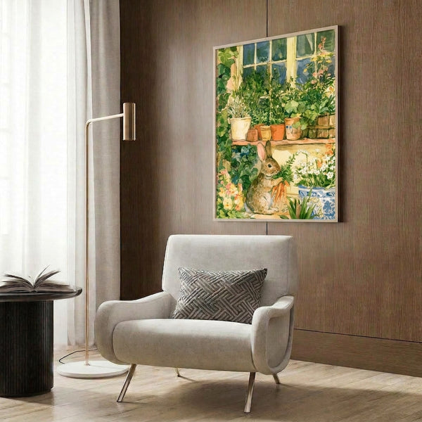 Framed watercolor painting depicting a domestic garden moment with a charming rabbit, window sill flowers, and potted plants in warm, whimsical cottagecore style.