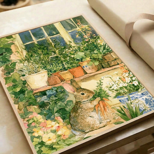 Peaceful watercolor cottage garden illustration showcasing a rabbit amid delicate flowers and vegetables in soft cream and green hues, peaceful domestic charm artwork on display.