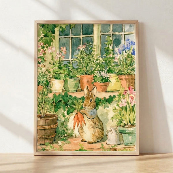 Watercolor framed poster featuring a whimsical rabbit surrounded by blooming flowers, potted plants, and a cozy garden window in soft greens, pale yellows, dusty pinks, and cream tones.