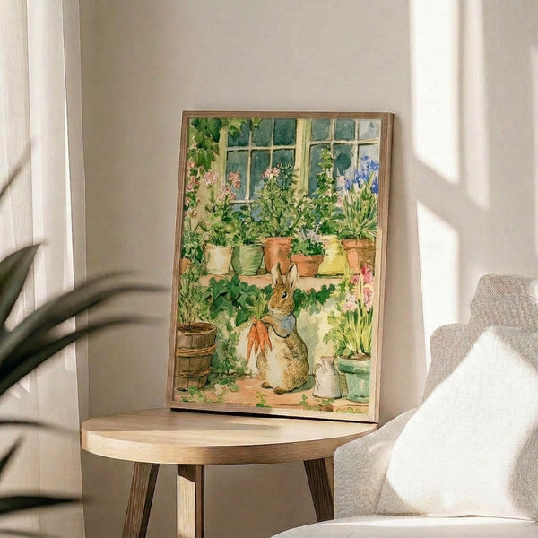 Cottagecore-inspired framed art print showing a peaceful rabbit in a lush garden with carrots, delicate flowers, and terracotta planters in gentle watercolor hues.