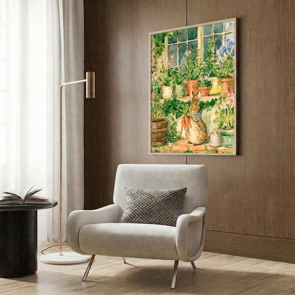 Framed watercolor poster with whimsical garden imagery of a rabbit, flowering plants, and cozy window setting in a soft palette of greens, yellows, pinks, and warm terracotta accents.