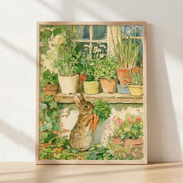 Watercolor painting of a curious rabbit beside a windowsill garden with potted plants, carrots, and blooming flowers in soft sage green, terracotta, and cream tones.
