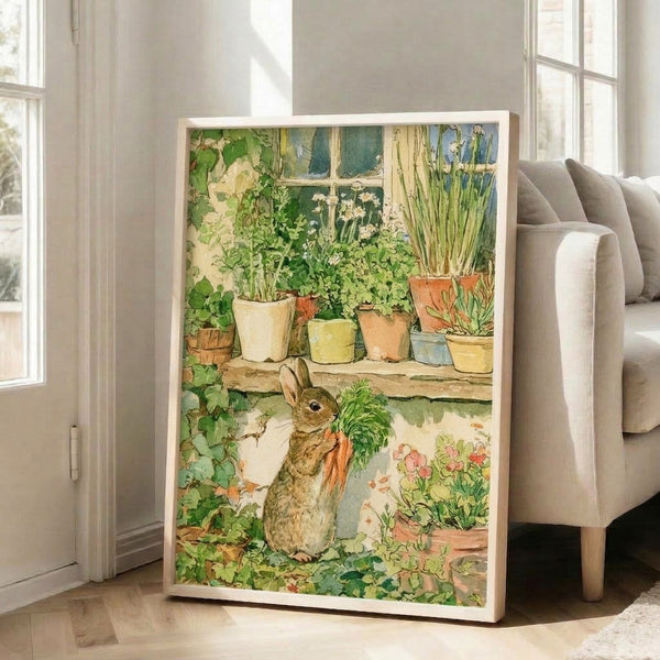 Charming cottagecore watercolor art featuring a rabbit among garden plants and flowers on a cozy windowsill, rendered in warm earth tones and gentle yellows.