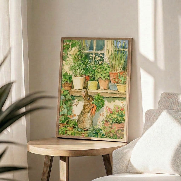 Whimsical folk art watercolor of a rabbit enjoying a cottage garden scene with potted flowers and vegetables, painted in soft green, cream, and terracotta hues.