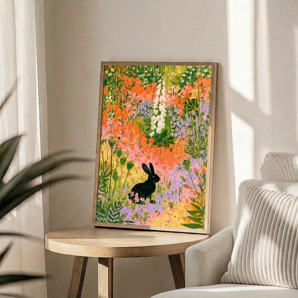 Cottagecore-style poster with a peaceful black rabbit nestled among blooming wildflowers in warm oranges, soft pinks, and sage greens with lavender accents.