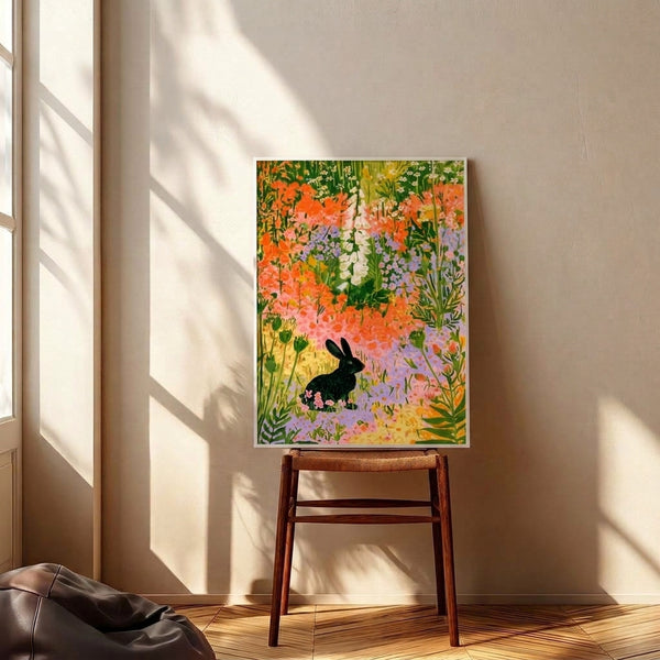 Serene botanical illustration of a black rabbit in a lush wildflower garden rendered in boho style with cream, orange, pink, green, and lavender hues, displayed as a framed print.