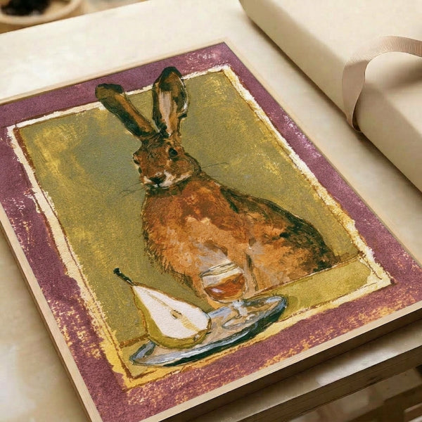 Folk art watercolor of a hare posed with a glass of wine and pear fruit in soft russet and sage greens, evoking cottagecore aesthetic as a framed wall hanging.