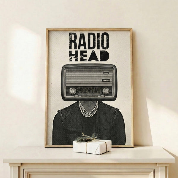 Framed retro poster blending surreal and pop art styles, displaying a quirky figure made from a vintage radio in black, cream, and white.