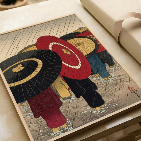 Atmospheric traditional Japanese woodblock print of rain and umbrellas on an urban street, combining red, black, and cool blue hues on a warm cream base in Showa style.