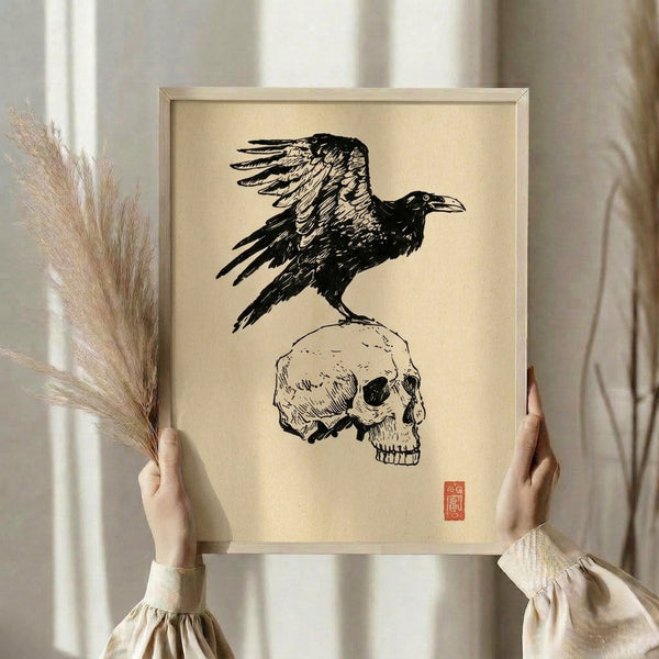 Dark, contemplative framed poster with a raven and skull rendered in bold black linework against a cream background.