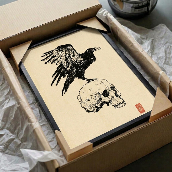 Cream and black line-art poster depicting a raven standing on a skull, capturing a contemplative, darkly poetic mood.