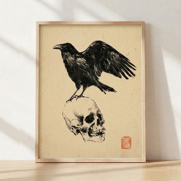 Dark line art print of a raven perched on a human skull, rendered in black ink with red ochre accents on cream background; contemplative gothic style inspired by Japanese woodblock technique.