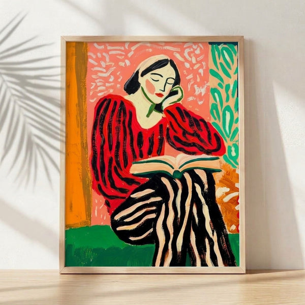 Pop art portrait of a woman in a red striped sweater reading a book, surrounded by emerald green leaves and plants, rendered in bold line art with coral, burnt orange, and cream tones.