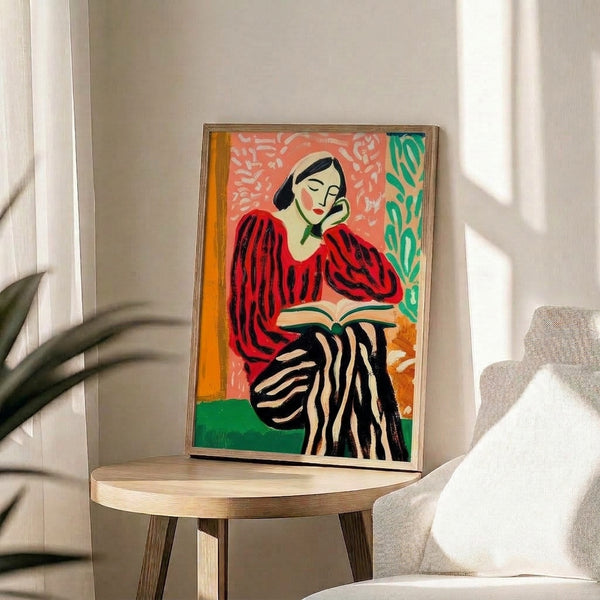 Literary-themed pop art poster showing a contemplative woman in a red striped sweater holding a book, accented with emerald leaves and modern line work in coral, burnt orange, and cream.