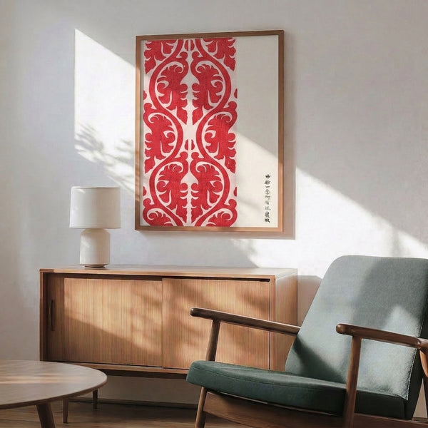 Minimalist woodblock-style wall poster featuring crimson arabesque textile pattern with cream offset, Art Nouveau influence.