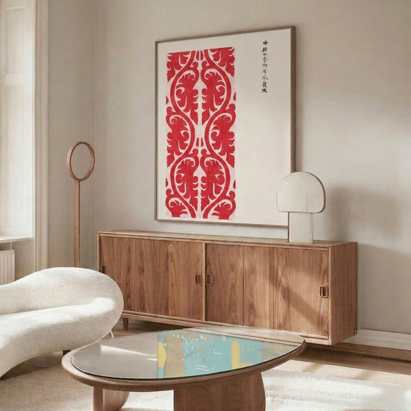 Japanese-inspired ornamental print with crimson flowing arabesque design on cream ground, elegant woodblock art for wall decor.
