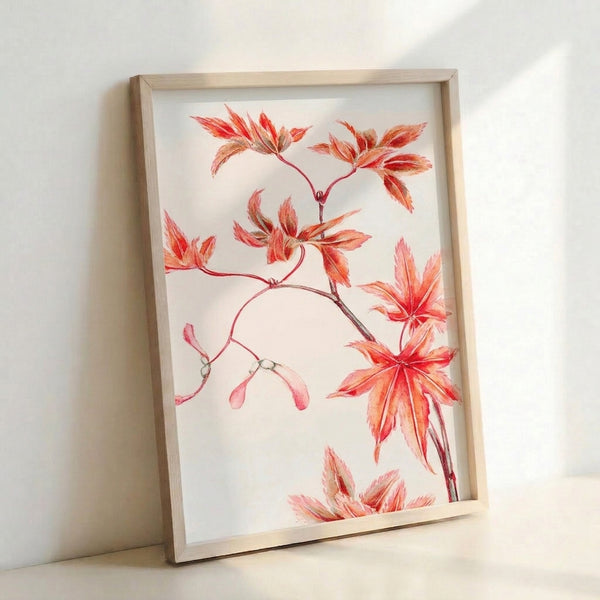 Watercolor botanical illustration of Japanese maple leaves in muted coral and rose hues against a cream background, hung as an art print.