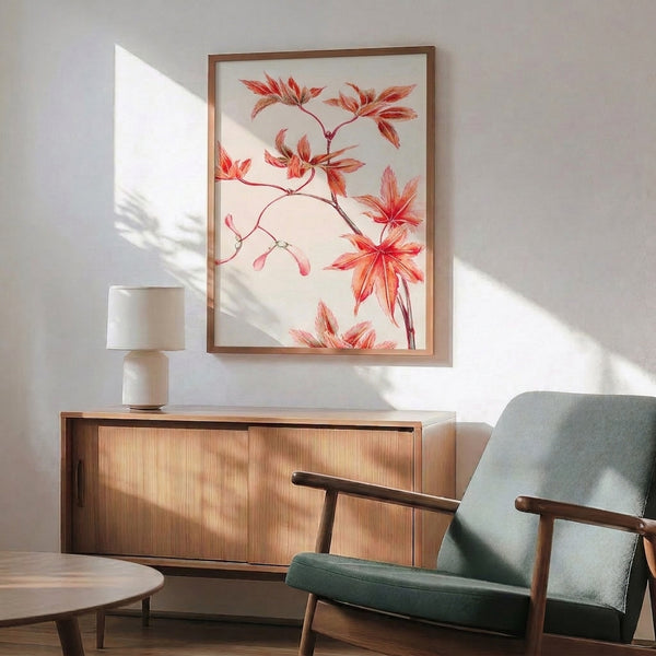 Soft watercolor rendering of botanical maple leaf forms in salmon pink, dusty rose, and warm neutral tones, displayed as a framed fine art print.