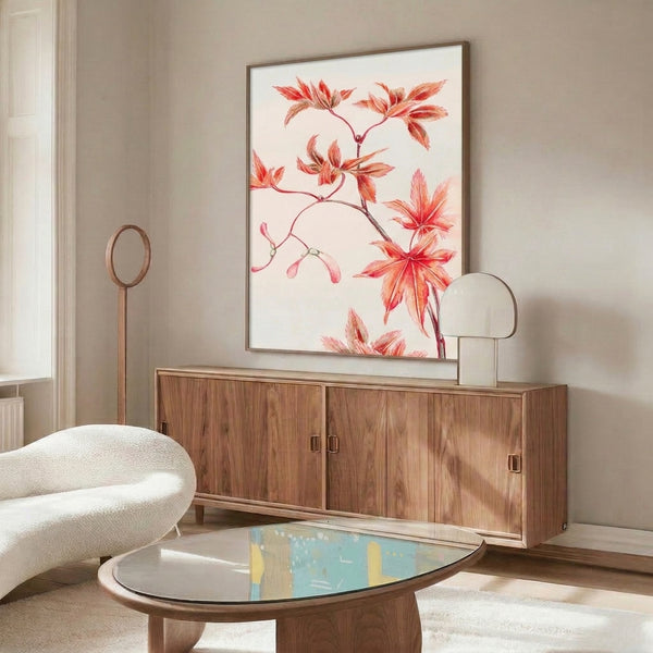 Serene watercolor composition featuring Japanese maple foliage in coral red and muted rose tones with cream highlights, framed for wall display.