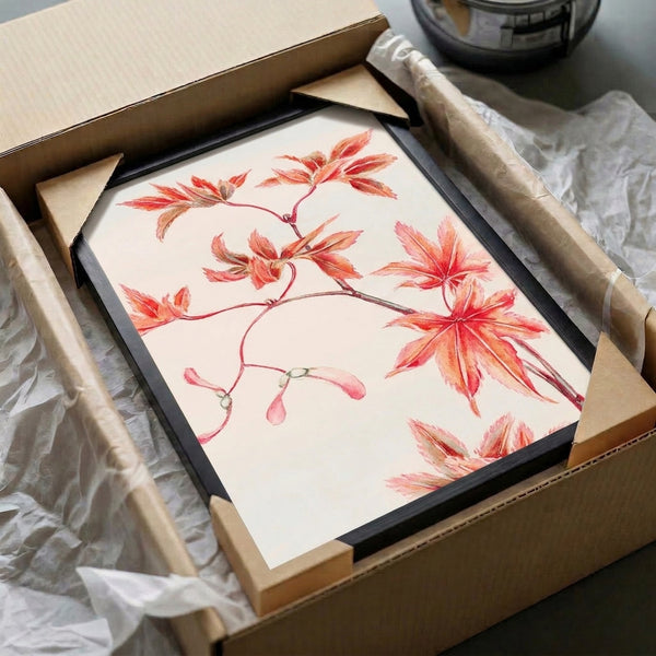 Delicate watercolor plant study of maple leaves in warm coral, ochre, and dusky pink hues, shown as a framed botanical poster.