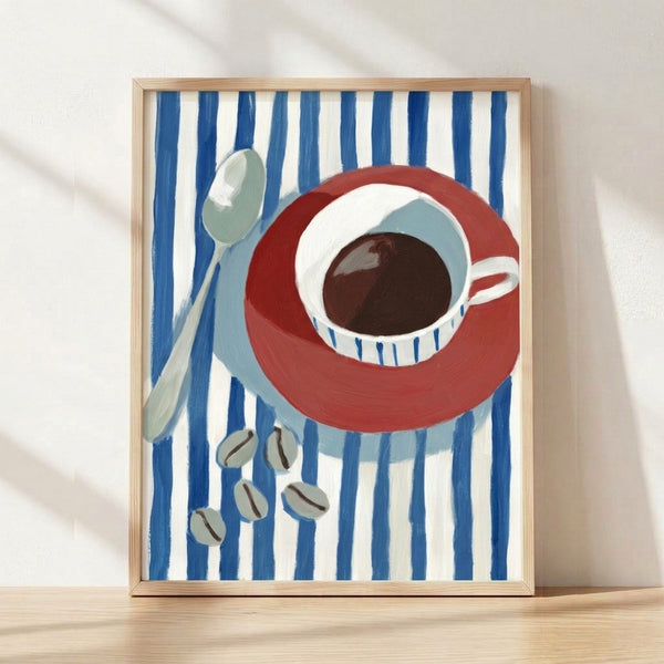 Minimalist still life poster featuring a red coffee cup with blue stripes, spoon, and scattered coffee beans on a cream background in modern art style.