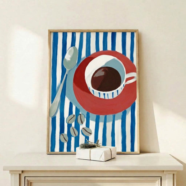Modern kitchen wall art print showcasing a striped coffee cup in red and blue tones with a spoon and beans, rendered in cozy minimalist aesthetic.