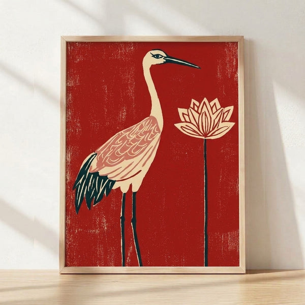 Elegant vintage art deco crane in deep red with rose pink accents beside a cream lotus flower on a minimalist framed poster.