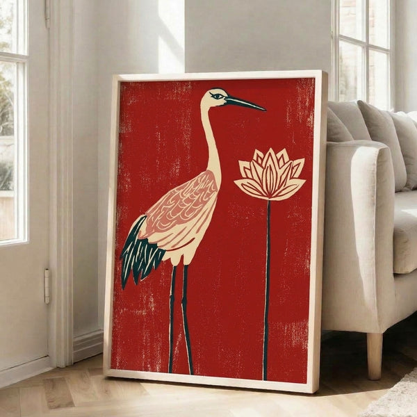 Serene framed art print featuring a red crane and blooming lotus in muted cream and black tones, evoking contemplative Asian-inspired aesthetics.