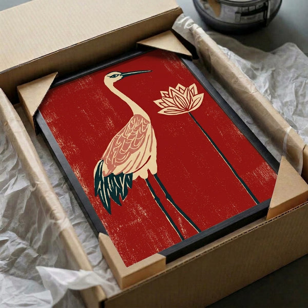 Vintage-style framed poster showcasing a contemplative crane and lotus motif rendered in rich reds, blacks, and creams with elegant simplicity.