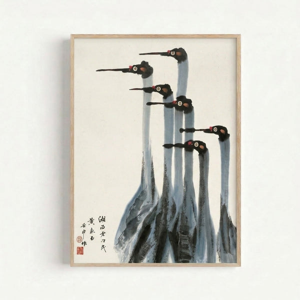 Japandi-style framed art print featuring graceful cranes in ink wash painting, contemplative composition with sparse mountain and rock elements in muted tones of gray and cream.