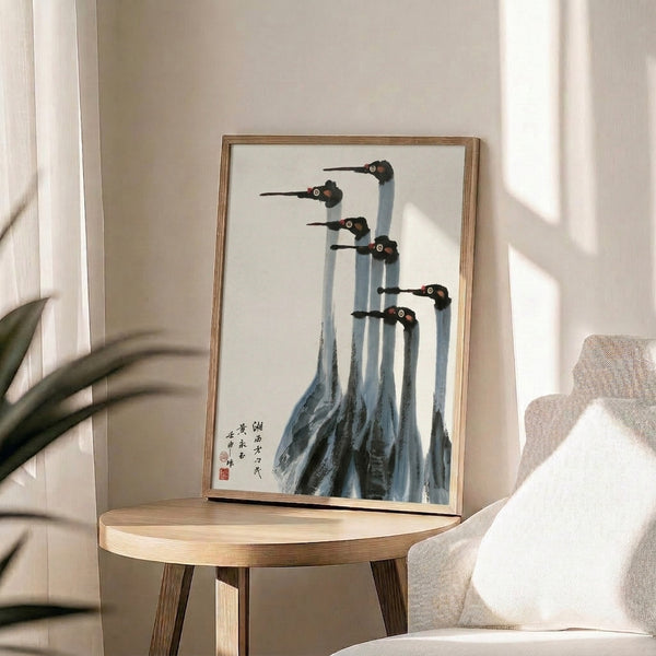 Contemplative sumi-e ink artwork depicting cranes and landscape elements, soft palette of cream, pale blue, and charcoal gray with subtle crimson details, minimalist elegance.