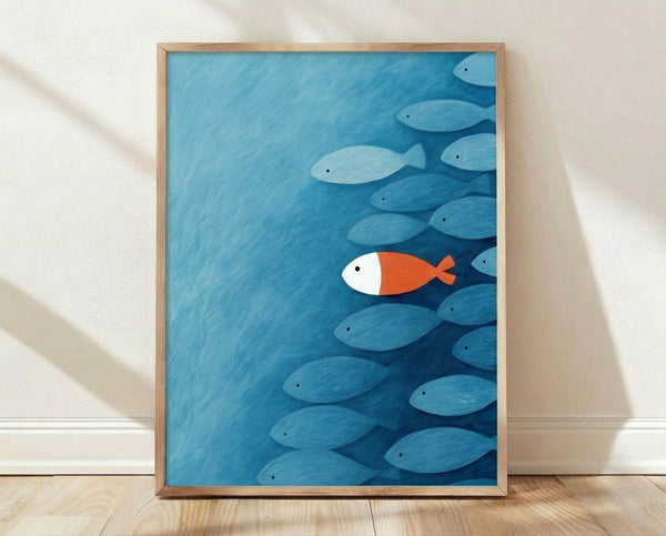 Minimalist Japandi poster featuring a solitary orange-red koi fish swimming upstream against a serene cerulean and teal gradient background, framed on a wall.