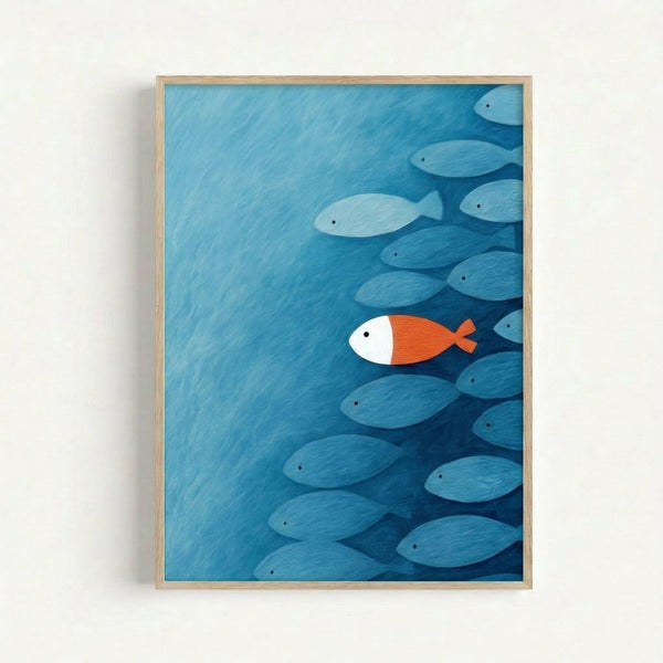 Framed modern art print depicting one vibrant orange fish in contemplative motion through cool blue waters, rendered in a calm, minimalist aesthetic.