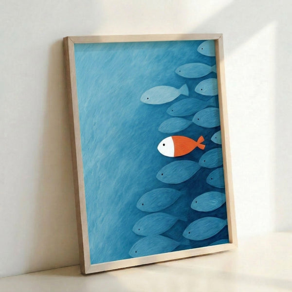 Zen-inspired wall art showing a lone orange koi fish against flowing teal and white tones, embodying peaceful, uplifting Japandi design sensibilities.