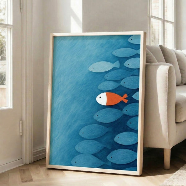 Contemporary minimalist poster of a single orange-red fish navigating blue-toned currents, capturing a meditative mood in elegant, understated style.