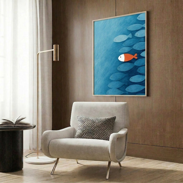Modern Japandi wall print featuring an isolated orange fish amid serene cerulean waters with subtle white accents, evoking quiet contemplation.