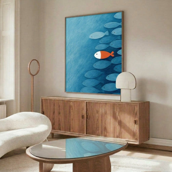 Framed minimalist artwork of one striking orange koi set against layered teal and blue tones, conveying calm resilience and zen tranquility.