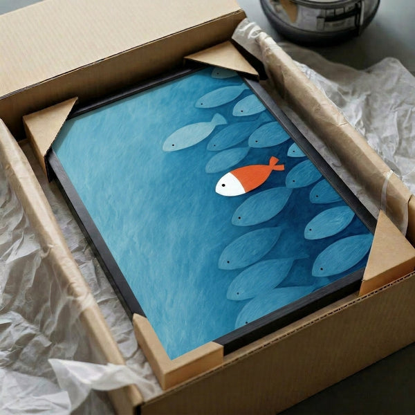 Uplifting modern poster presenting a solitary orange fish in teal-blue waters, rendered in minimalist Japandi style with peaceful, meditative qualities.
