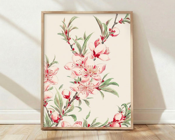 Delicate watercolor painting of peach blossoms with soft pink petals, green leaves, and brown stems on cream background, framed as botanical art print.